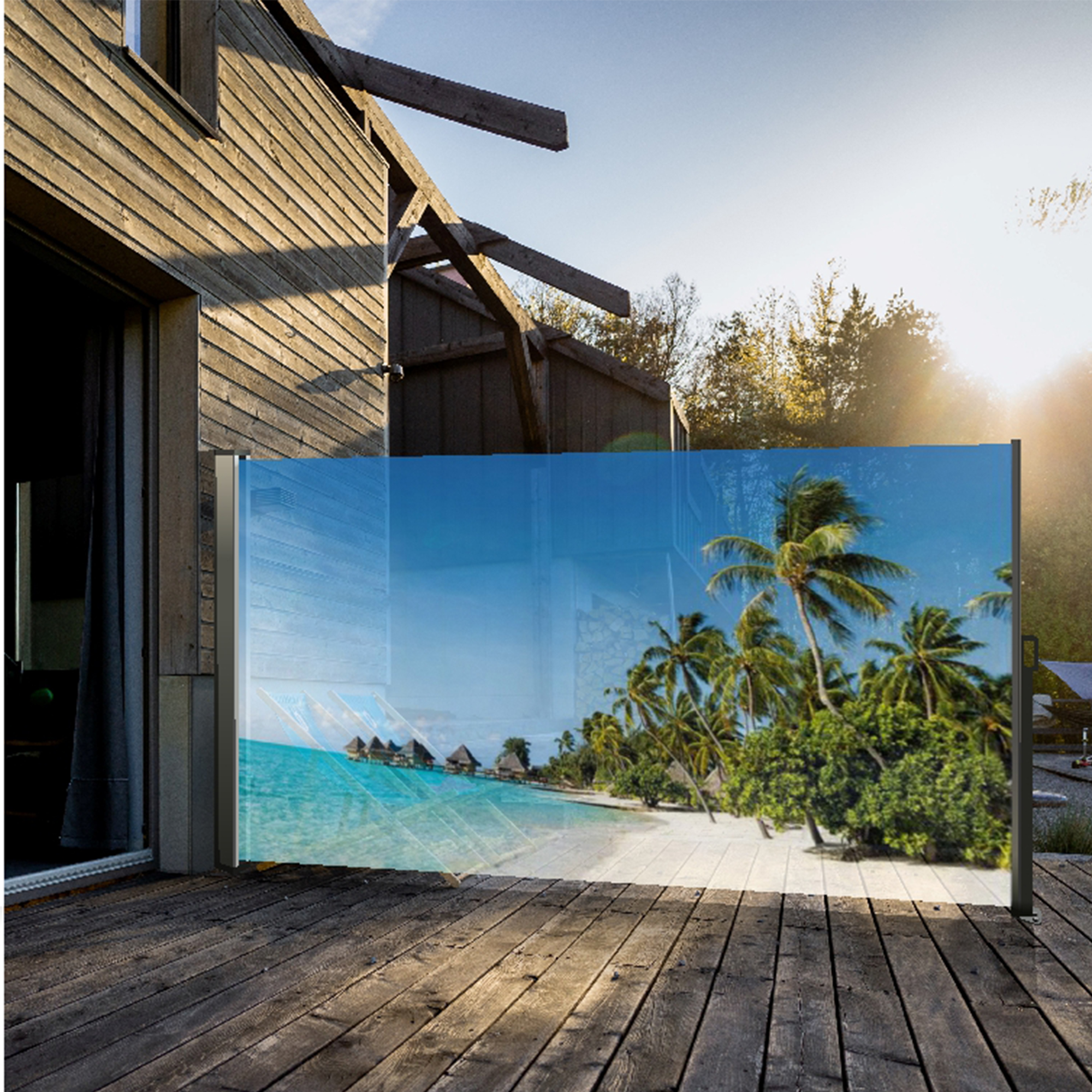 Seitenmarkise ausziehbar rechts, 180 cm hoch, Seitenrollo mit Fotodruck Südsee NA099-L Seitenmarkise ausziehbar rechts, 180 cm hoch, Seitenrollo mit Fotodruck Südsee NA099-L