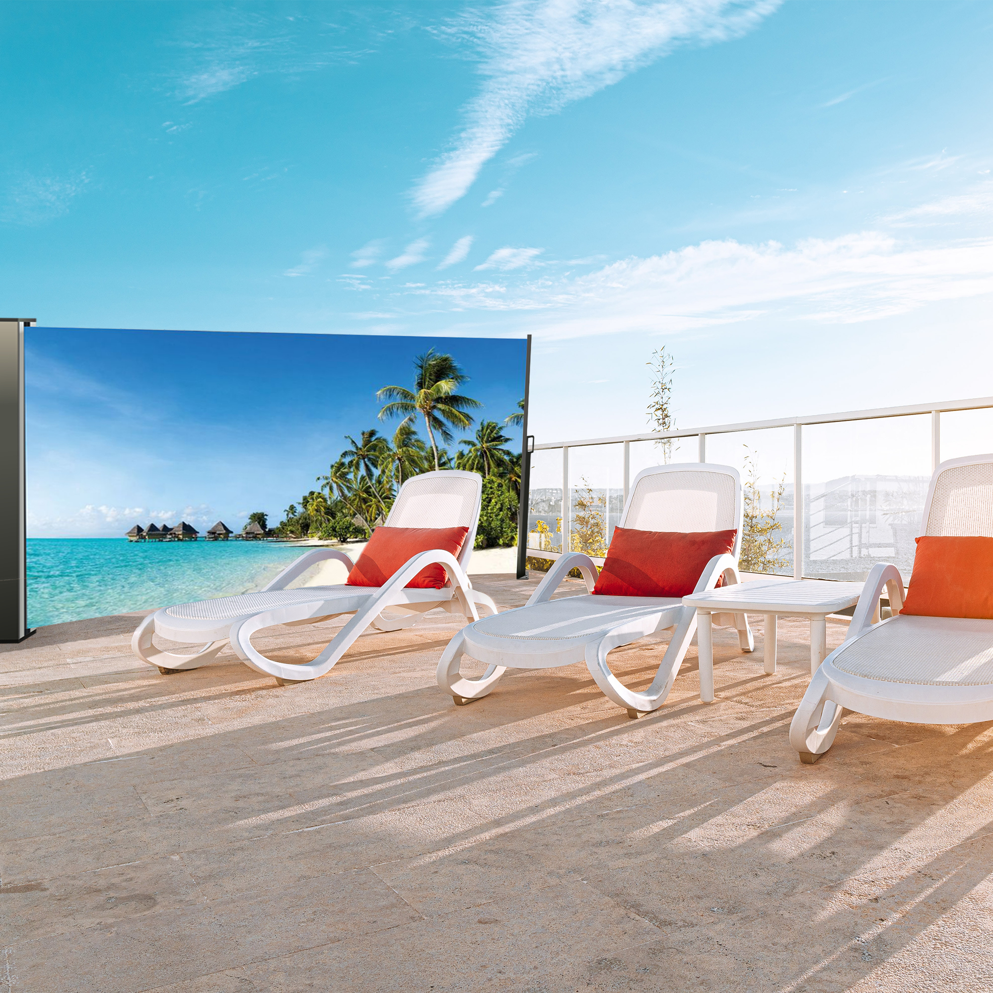 Seitenmarkise ausziehbar rechts, 180 cm hoch, Seitenrollo mit Fotodruck Südsee NA099-L Seitenmarkise ausziehbar rechts, 180 cm hoch, Seitenrollo mit Fotodruck Südsee NA099-L