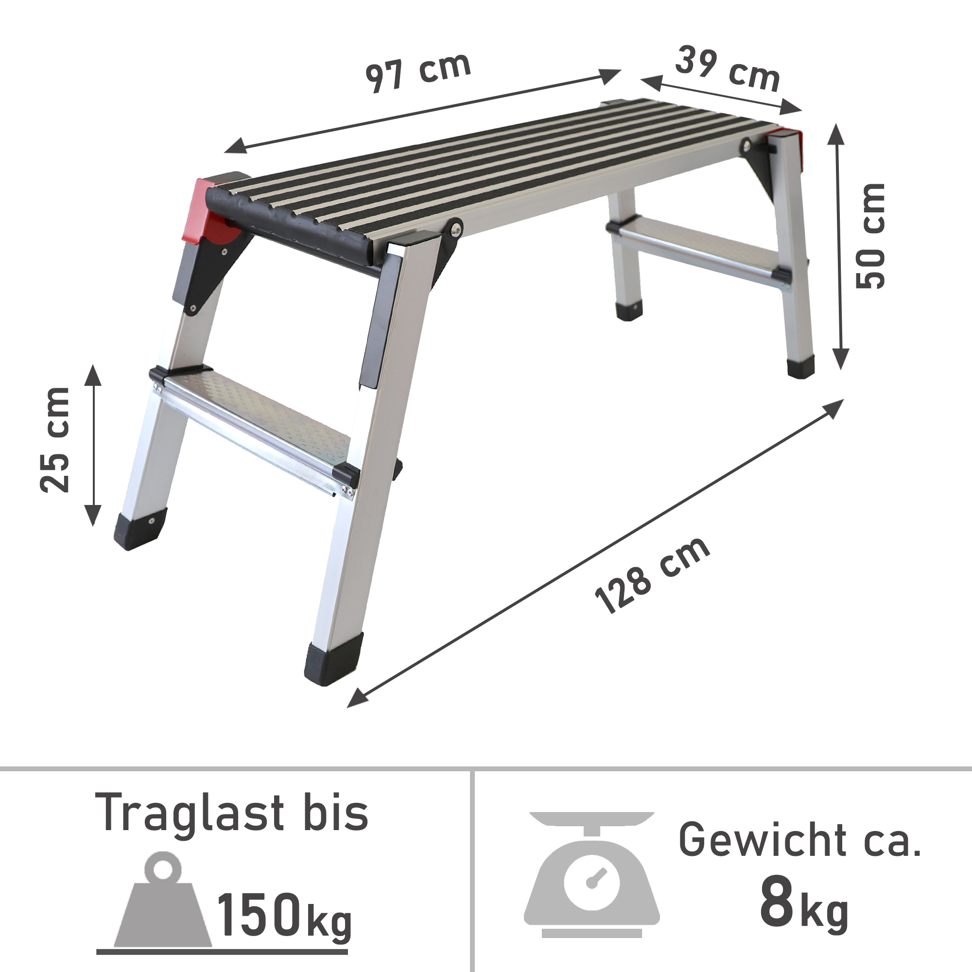 Arbeitsplattform bis 150 kg belastbar, Arbeitsbühne 50 cm hoch, Aluleiter mit 2 Stufen NA181 Arbeitsplattform bis 150 kg belastbar, Arbeitsbühne 50 cm hoch, Aluleiter mit 2 Stufen NA181