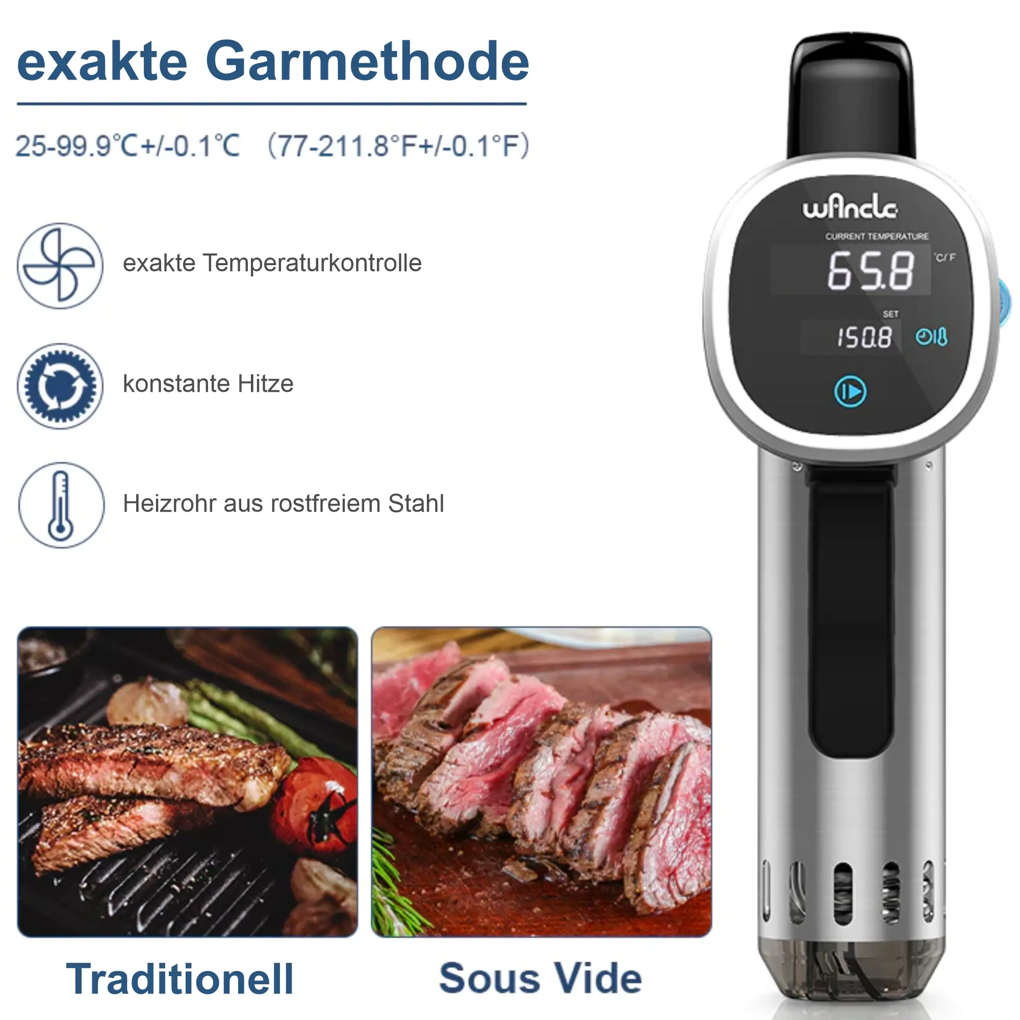 Wancle Sous Vide Garer Stick, 850W, Touchscreen, Display, Temperaturbereich 25 bis 99 Grad P00252 Wancle Sous Vide Garer Stick, 850W, Touchscreen, Display, Temperaturbereich 25 bis 99 Grad P00252
