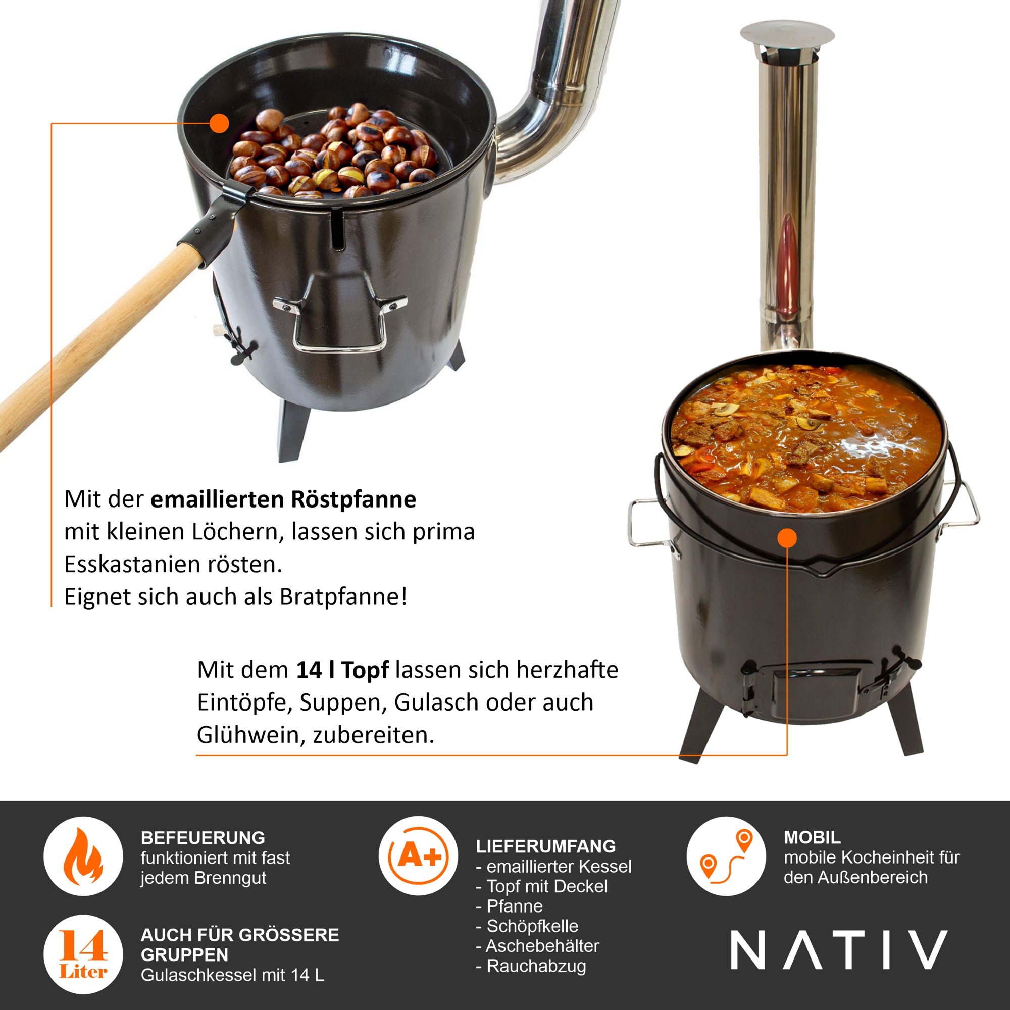 Gulaschkanone, Raketenofen mit Gulaschtopf, Glühweinkocher mit Suppenkelle NA077 Gulaschkanone, Raketenofen mit Gulaschtopf, Glühweinkocher mit Suppenkelle NA077