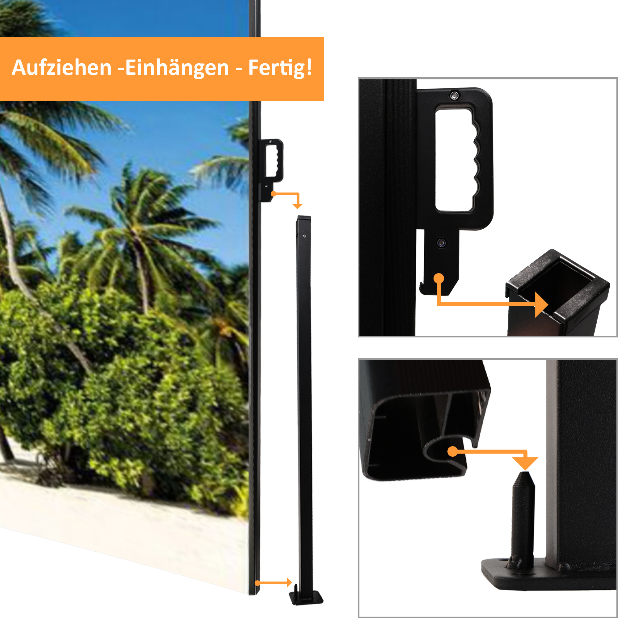 Seitenmarkise ausziehbar rechts, 180 cm hoch, Seitenrollo mit Fotodruck Südsee NA099-L