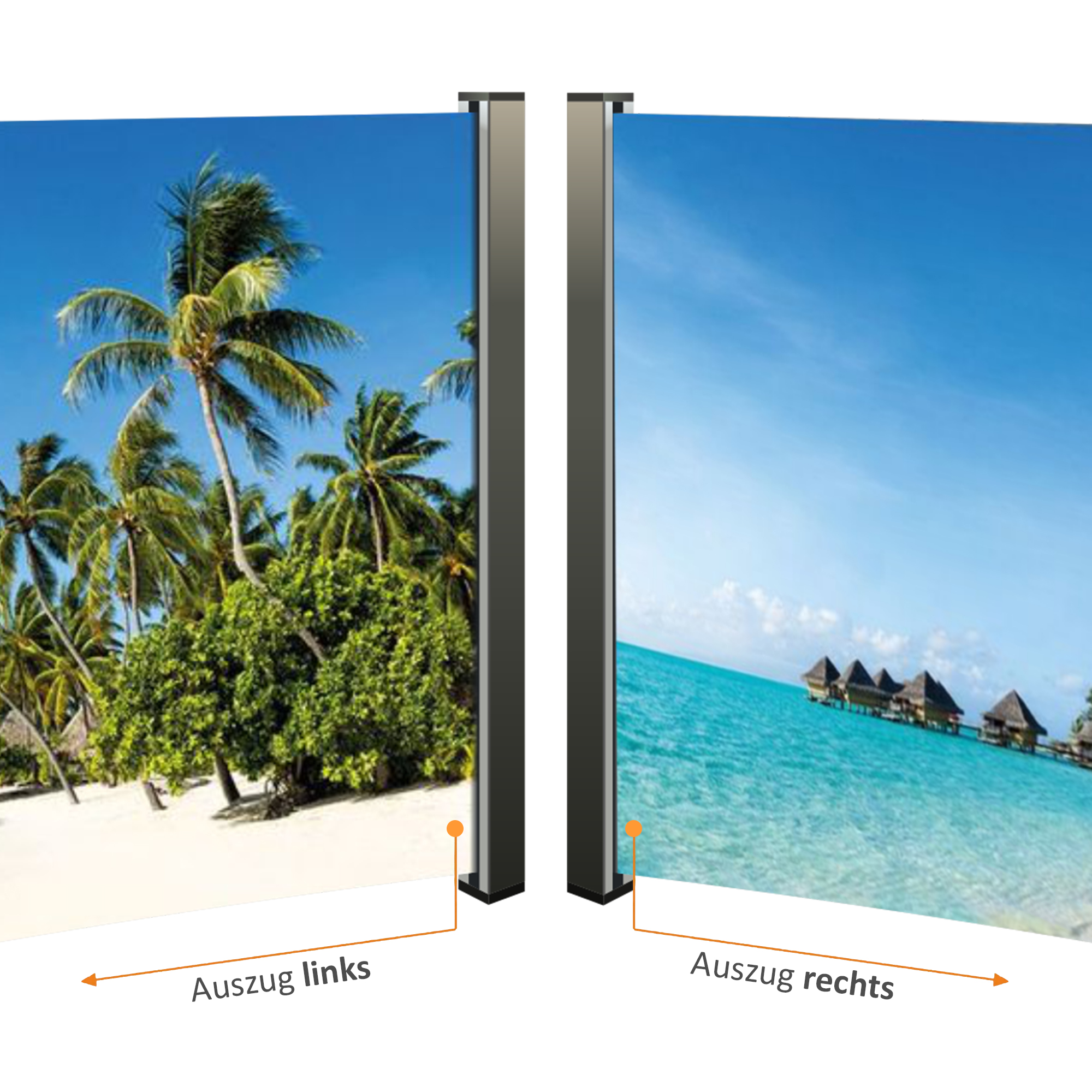 Seitenmarkise ausziehbar rechts, 180 cm hoch, Seitenrollo mit Fotodruck Südsee NA099-L