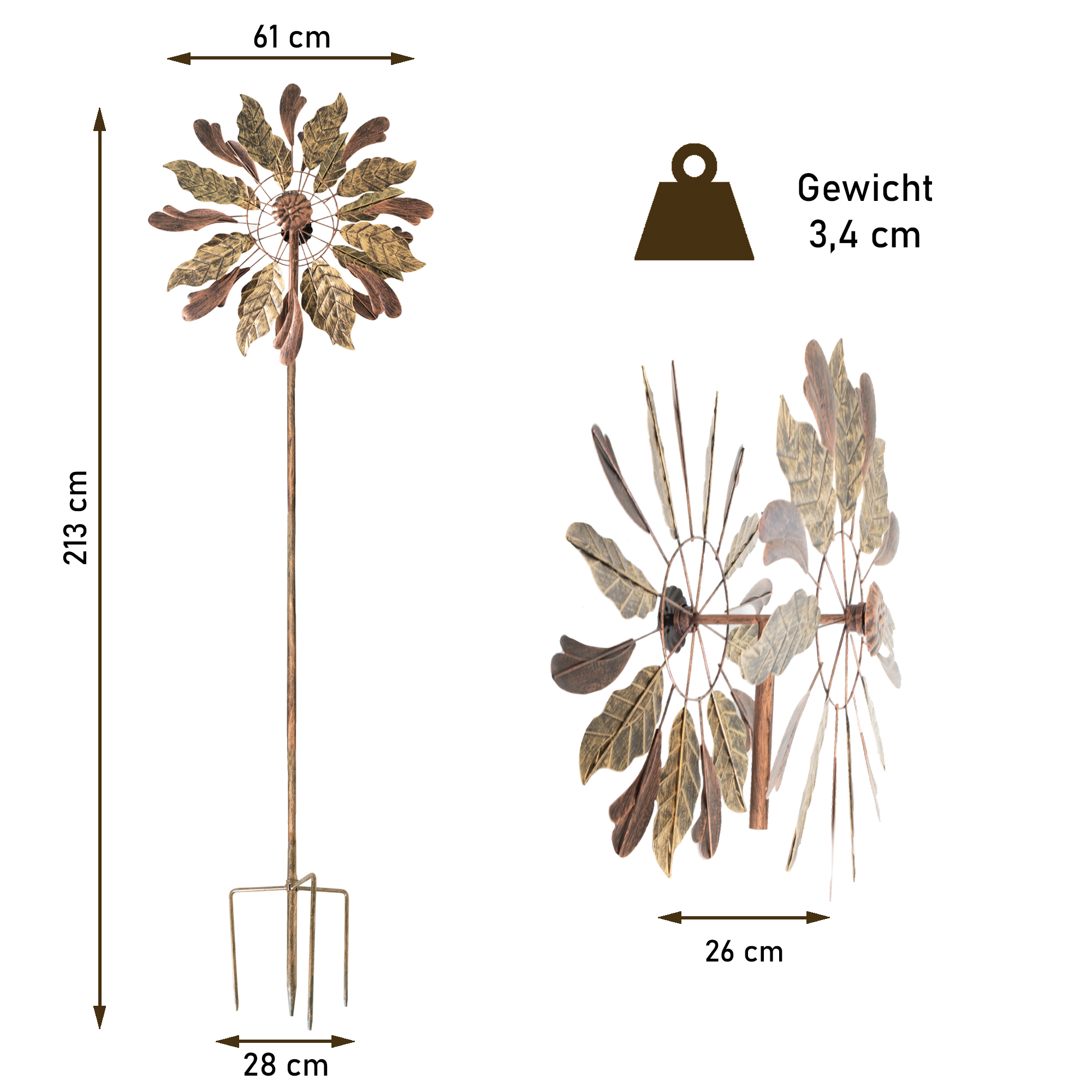 Windrad “Leaves” mit 2 gegenläufigen Propellern, Gartendeko, 213 cm hoch NA184