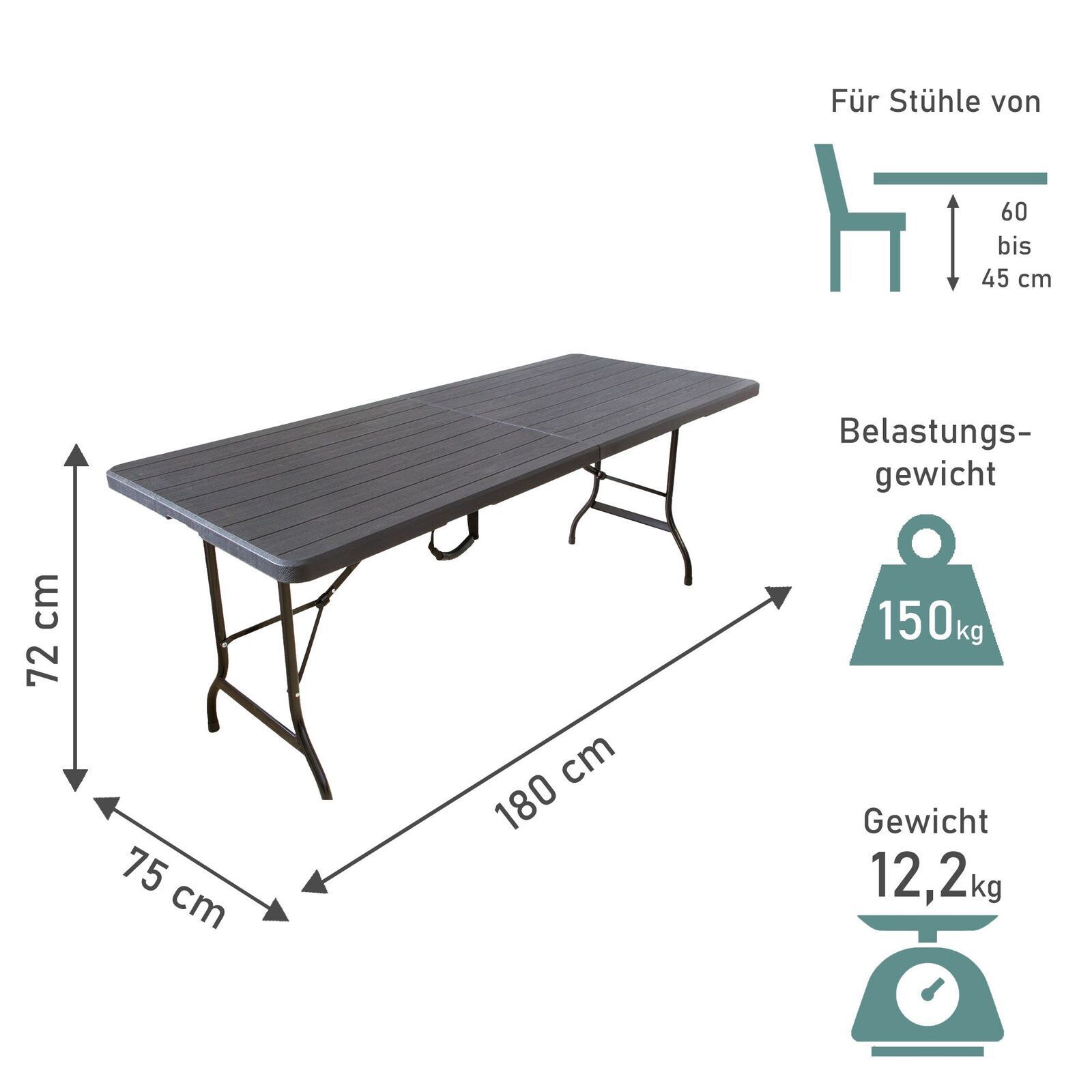 Gartentisch in Holzoptik, Klapptisch 180 x 75 cm, Buffettisch bis 150 kg belastbar TB013 Gartentisch in Holzoptik, Klapptisch 180 x 75 cm, Buffettisch bis 150 kg belastbar TB013