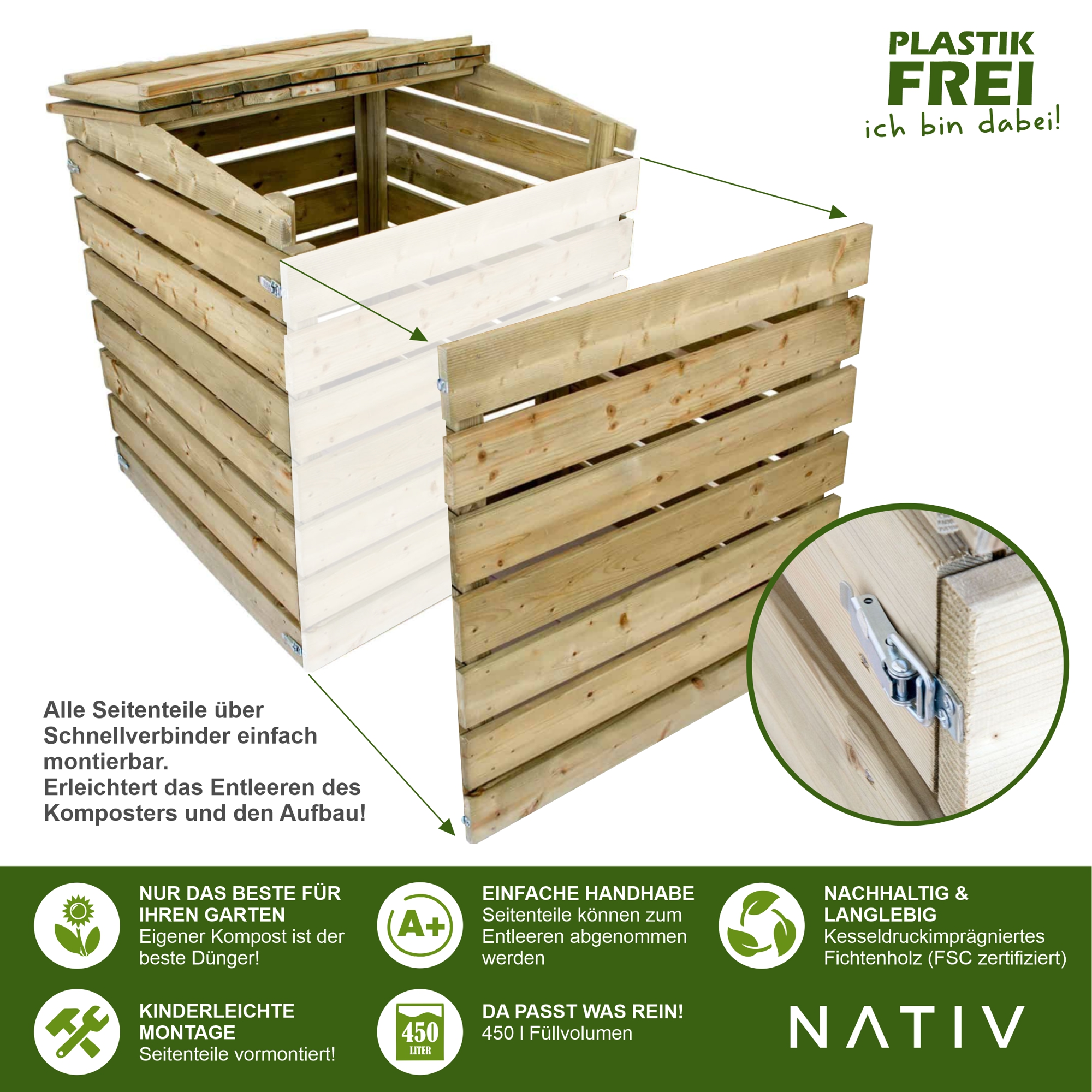 Holzkomposter, Schnellkomposter mit 450l Füllvolumen, Komposter Holz mit Deckel NA001 Holzkomposter, Schnellkomposter mit 450l Füllvolumen, Komposter Holz mit Deckel NA001