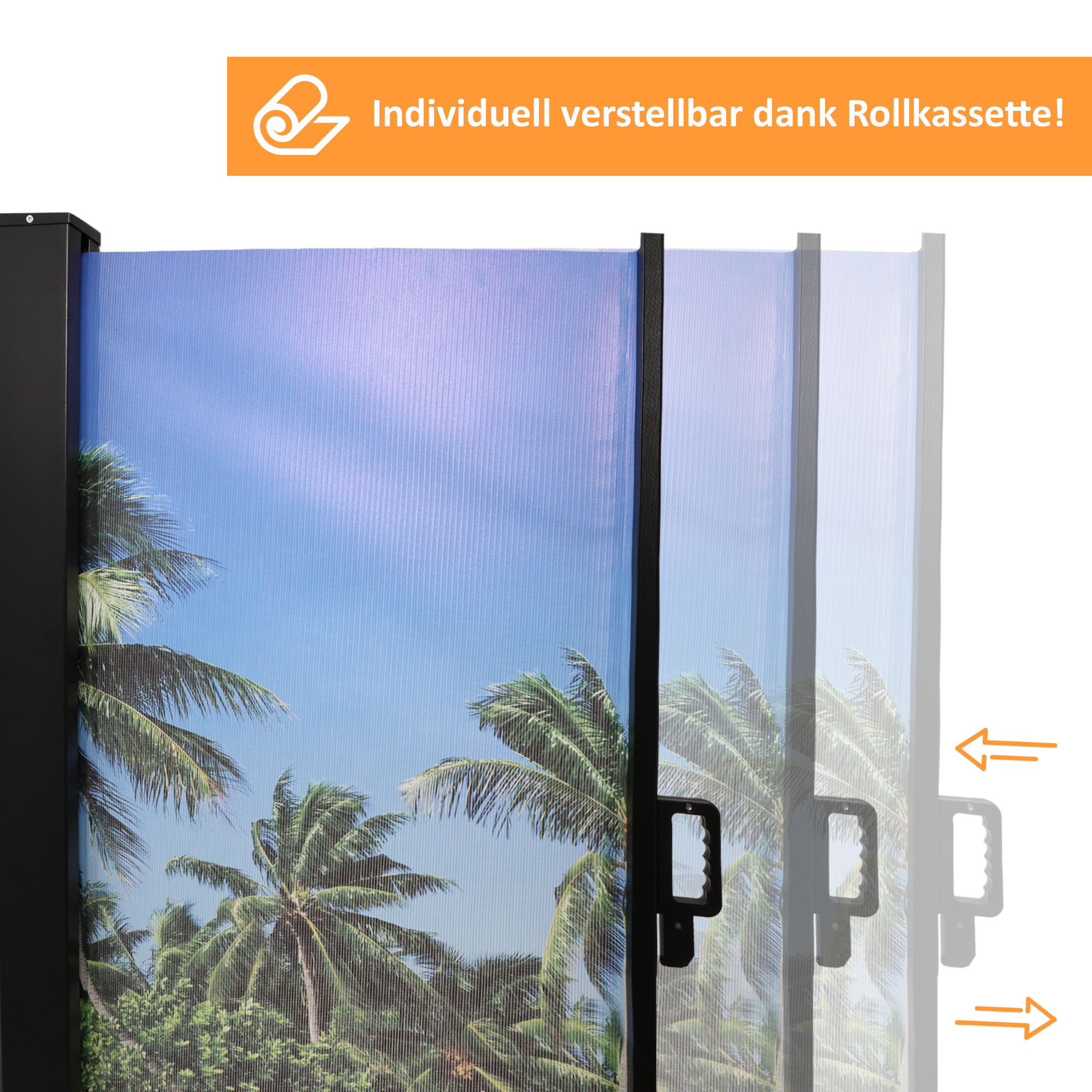Seitenmarkise ausziehbar rechts, 180 cm hoch, Seitenrollo mit Fotodruck Südsee NA099-L