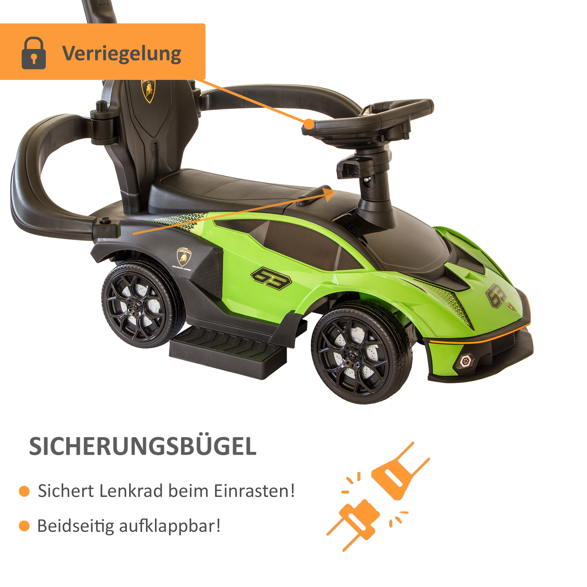 Rutschauto in grün, Kinderfahrzeug mit Sicherheitsbügel, Rutscher Auto mit Schiebestange ab 1 Jahr PT008_G