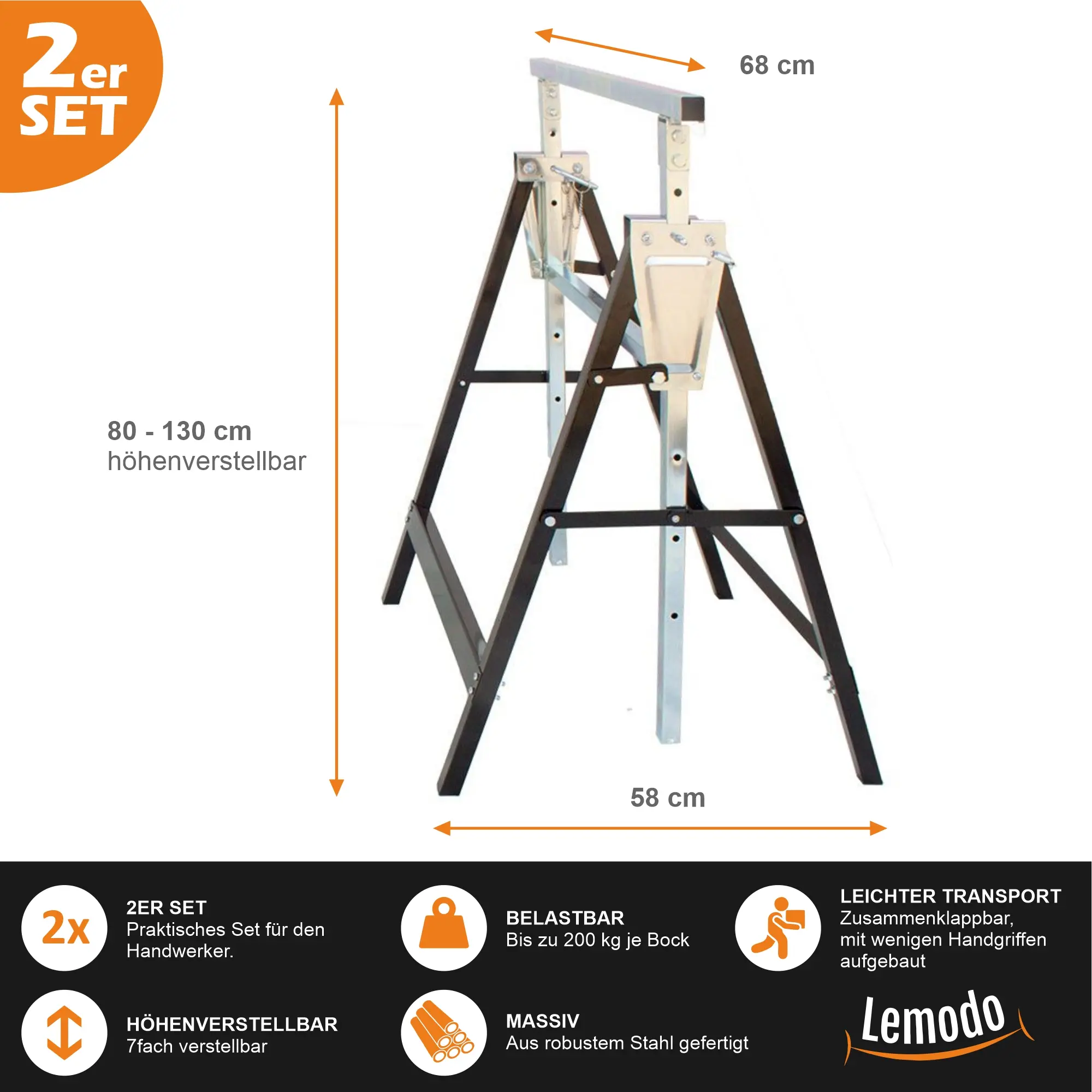 Arbeitsbock 2er Set, Gerüstbock höhenverstellbar, Klappbock mit 200 kg Tragkraft YT005 Arbeitsbock 2er Set, Gerüstbock höhenverstellbar, Klappbock mit 200 kg Tragkraft YT005