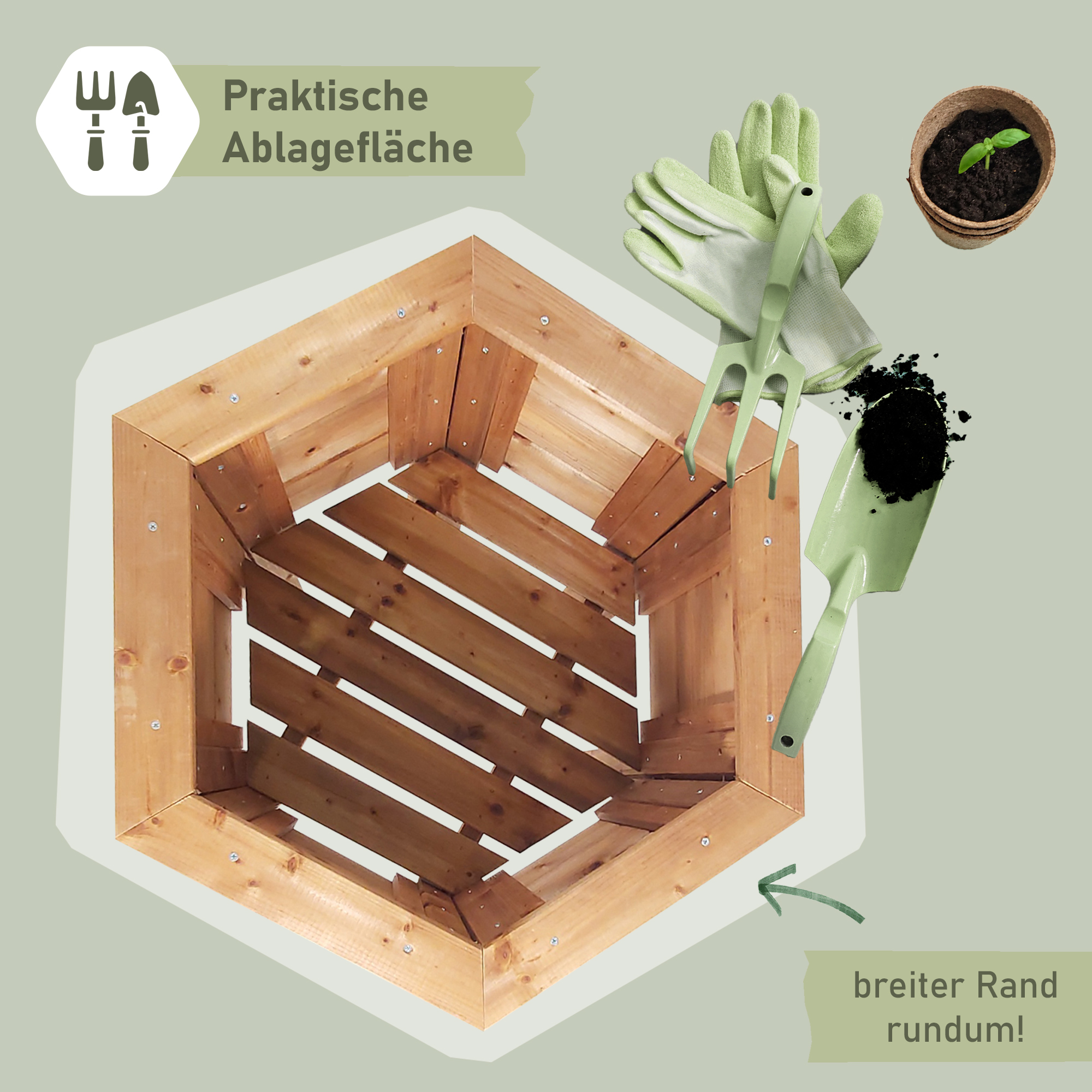 Pflanzkasten aus Holz 6eckig, 68cm hoch, Blumenkübel mit Füßen, Pflanzgefäß NA114_B