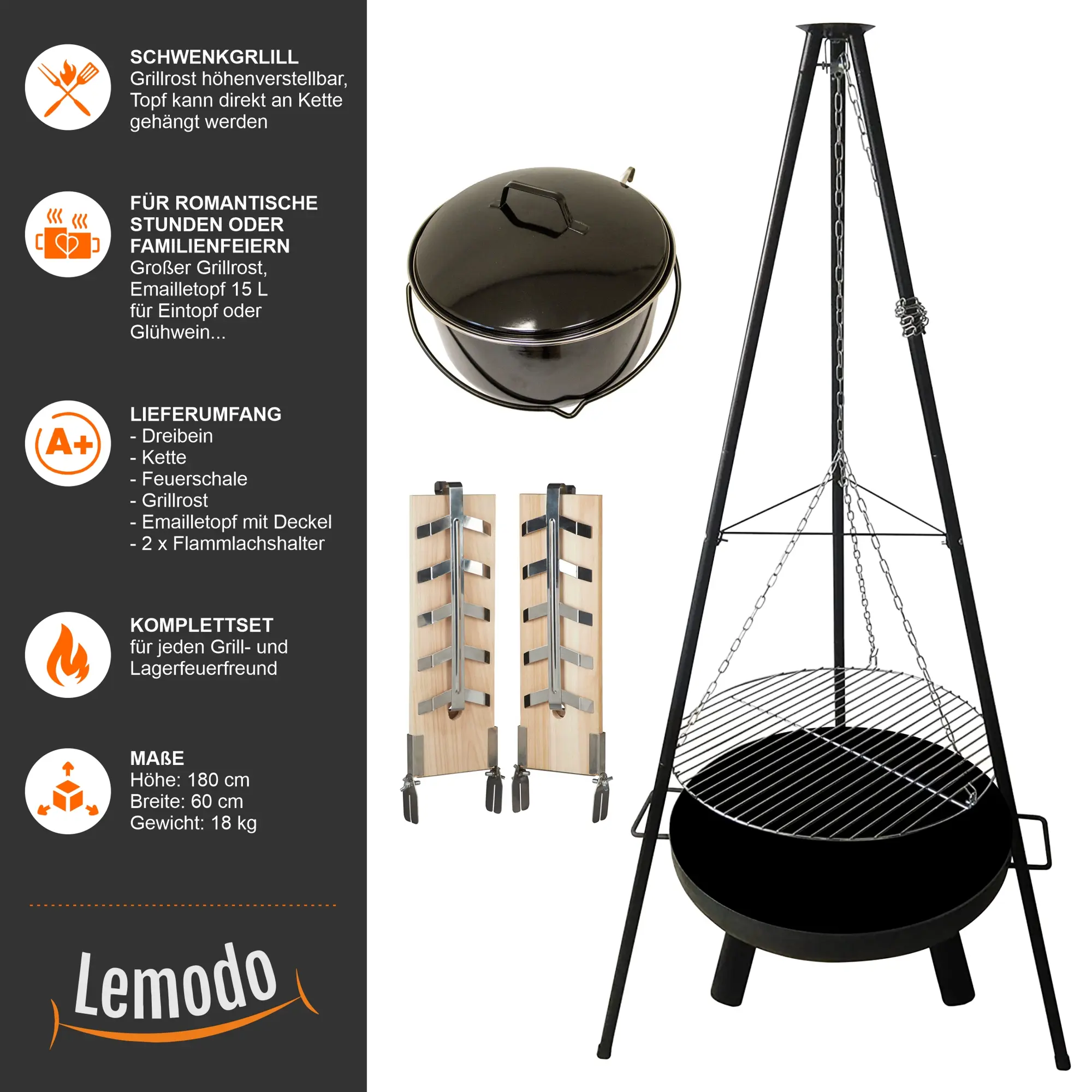 Schwenkgrill mit Feuerschale, Dreibein Holzkohlegrill mit höhenverstellbarem 52 cm Grillrost WE-2341 Schwenkgrill mit Feuerschale, Dreibein Holzkohlegrill mit höhenverstellbarem 52 cm Grillrost WE-2341