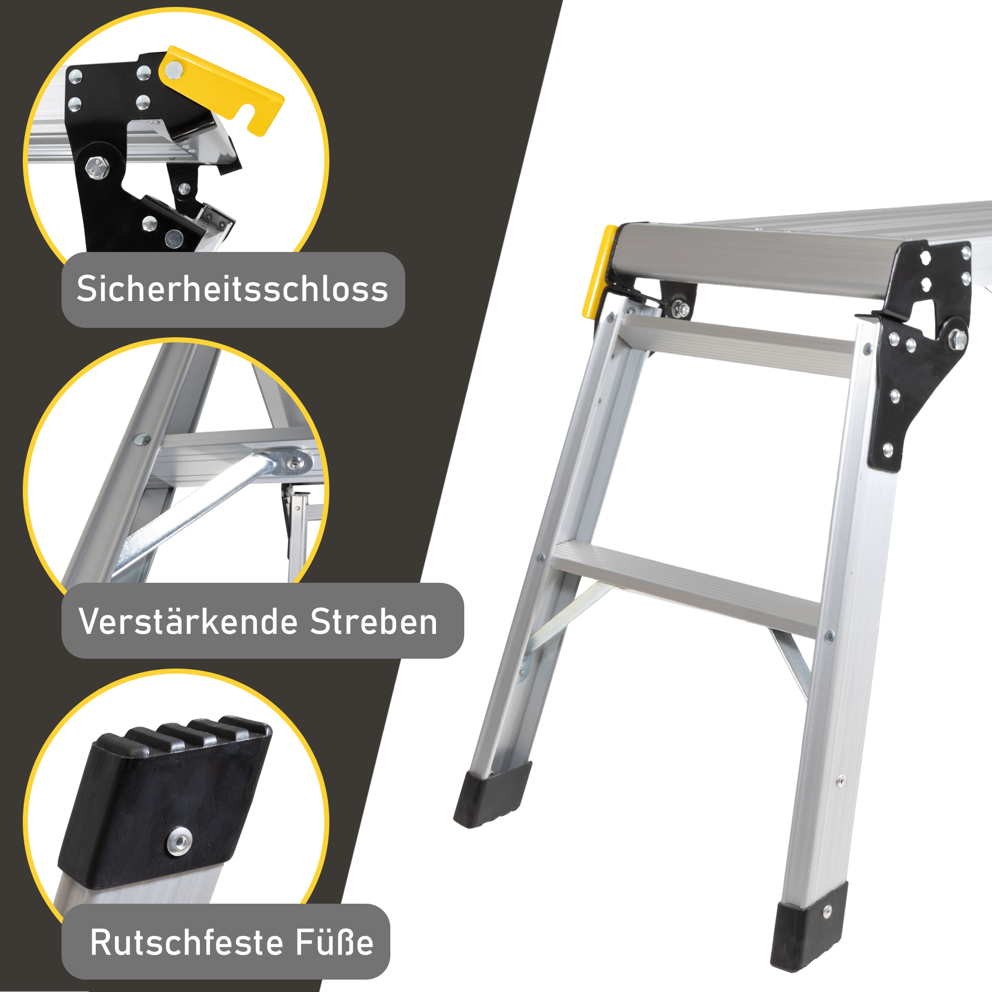 Kompakte Arbeitsplattform bis 150 kg belastbar, Arbeitsbühne 50 cm hoch, Aluleiter mit 2 Stufen NA205 Kompakte Arbeitsplattform bis 150 kg belastbar, Arbeitsbühne 50 cm hoch, Aluleiter mit 2 Stufen NA205